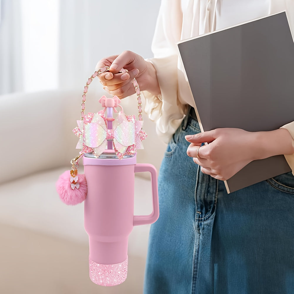 8pcs Bling Silicone Accessories for 30oz 40oz Tumbler Cup, Including Silicone Bow Straw Topper Cover, Protective Silicone Boot, Leather Water Bottles Handle Strap